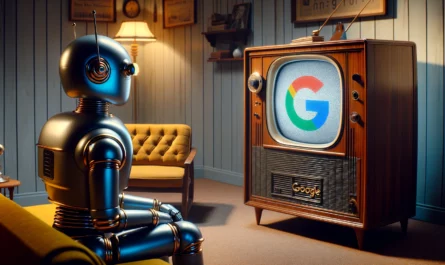 Robot devant une télévision Google, représente le Tofu-Mofu-Bofu