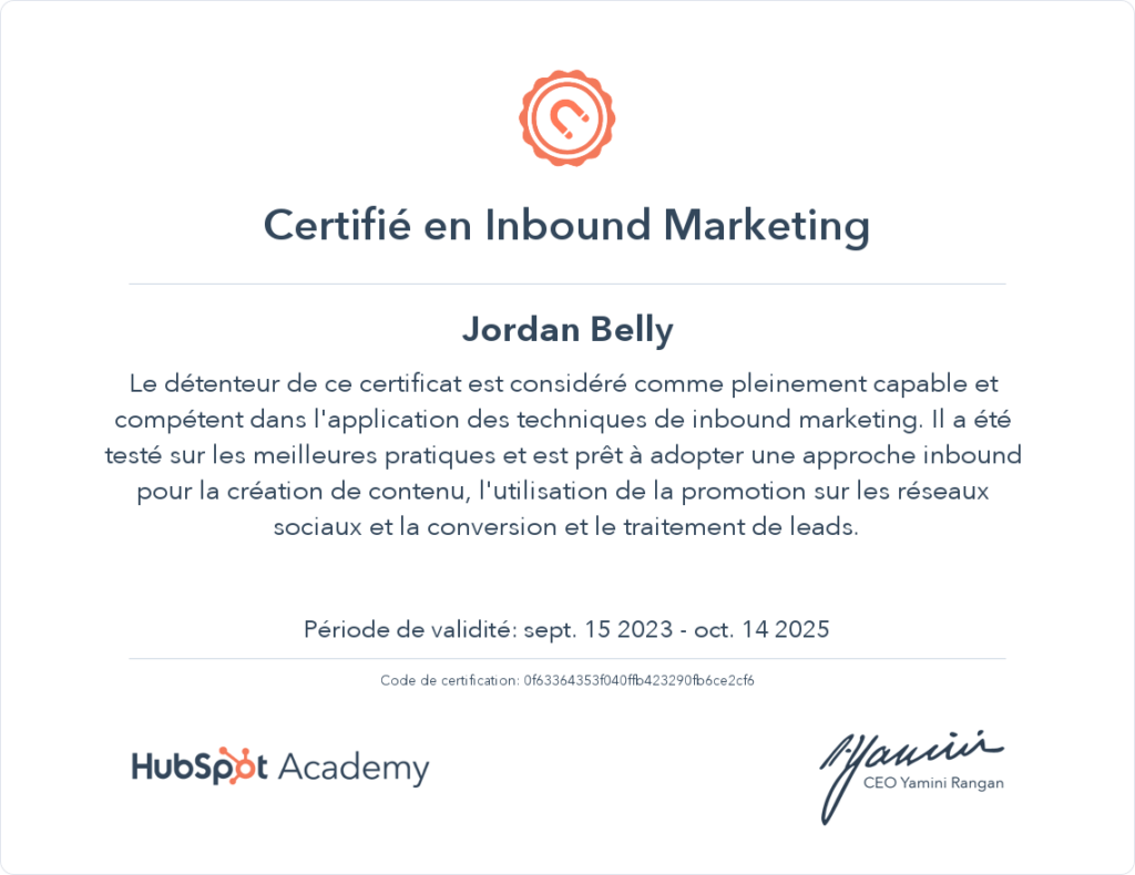 Certificat Inboud Marketing - Hubspot Academy