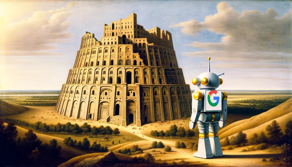 Robot Google devant la tour de Babel, rédacteur web SEO